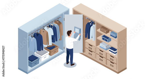 Man organizing wardrobe closet in isometric style with clothes and storage boxes