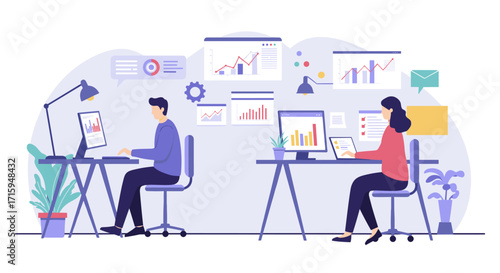 Office workspace with diverse data charts and analytics in a flat design
