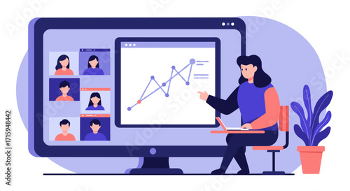 Virtual meeting with data analysis presentation on computer screen