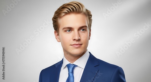 A confident young man in a professional blue suit, displaying a thoughtful expression against a neutral backdrop.