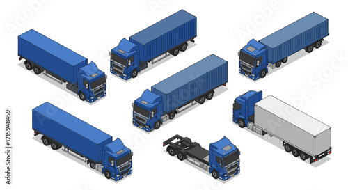 Isometric blue cargo trucks set in various angles and configurations for logistics design