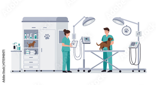 Veterinary clinic scene with veterinarians providing care to a dog on examination table