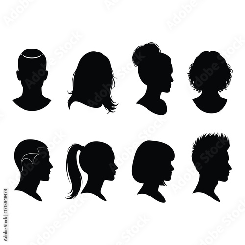 Diverse silhouette hair styles collection showing various people's profiles and hairstyles silhouette