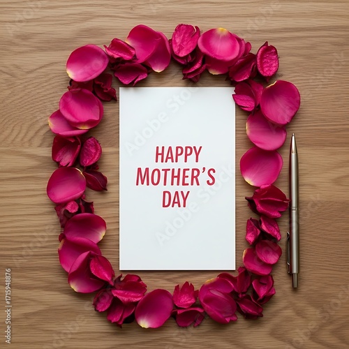 A greeting card, decorated with vibrant pink rose petals, proclaims Happy Mother's Day on a light wood surface.
