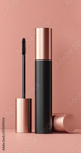 Rose gold mascara tube and wand on a peach background