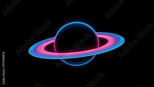 Neon ringed planet on black background
