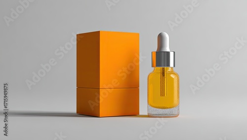 Orange box and dropper bottle on light gray background