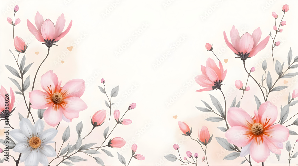 Fototapeta premium Floral Watercolor Border with Pink and Gray Flowers for Spring