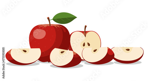 Red apple with slices and green leaf on white background