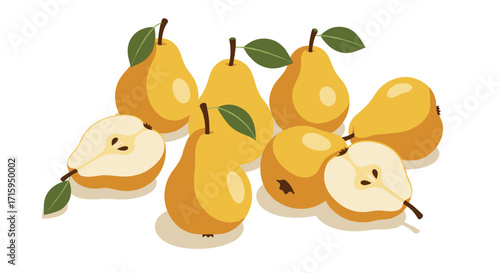 Fresh pears with leaves in vibrant flat design style on white background