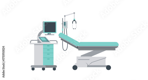 Modern medical examination room with equipment and adjustable bed