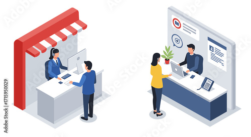 Isometric office scenes depicting customer service and business interaction