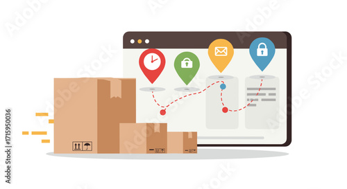 Efficient delivery tracking concept with cardboard boxes and digital route map