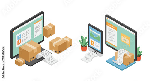 Isometric online shopping and shipping concept with computers and packages