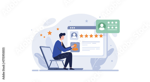 Online user review concept with man giving star ratings in minimalist design