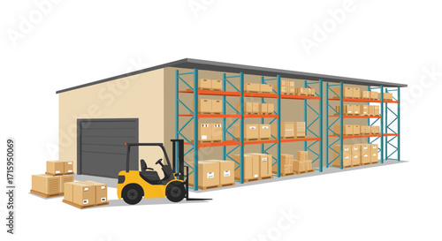 Warehouse storage with forklift and cardboard boxes in isometric view