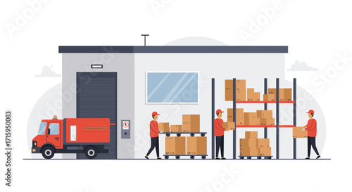 Warehouse logistics and delivery with workers handling packages