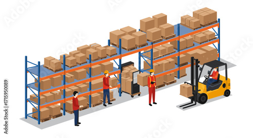 Warehouse logistics with workers and forklift in isometric style
