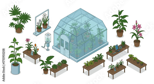 Isometric greenhouse with various indoor potted plants and tables