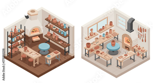Creative ceramic workshop studio crafts unique artistic pottery in cozy isometric room