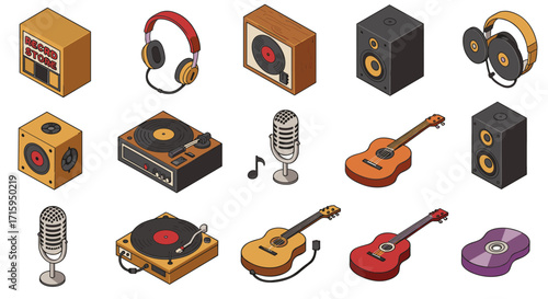Isometric music icons: retro instruments and audio equipment collection