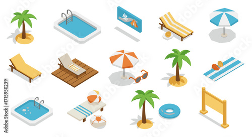 Isometric summer beach icons set with lounge chairs, umbrellas, and pool elements