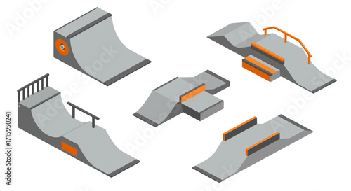 Isometric skate park elements with ramps and rails for urban designs