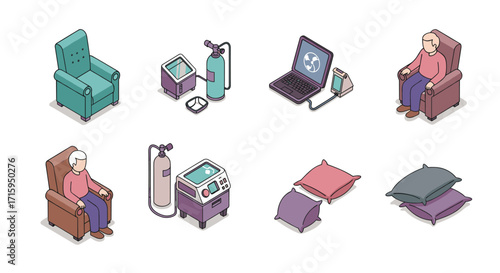 Isometric home care and relaxation elements with cozy chairs and medical equipment