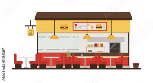 Cozy fast food restaurant with red seating and menu board in flat design