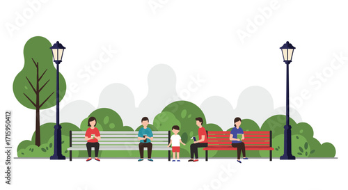 Family and friends relaxing on park benches in urban green space surroundings