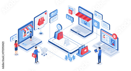 Isometric online shopping concept: digital marketplace with devices and e-commerce elements