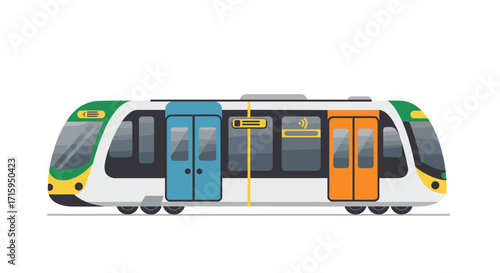 Modern urban tram with colorful doors on white background