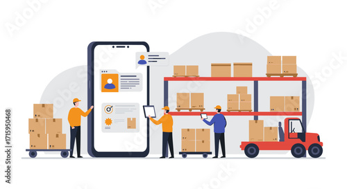 Warehouse logistics and inventory management concept with workers and technology