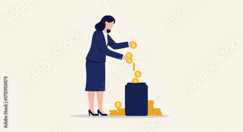 Businesswoman depositing coins in savings jar with dollar symbols