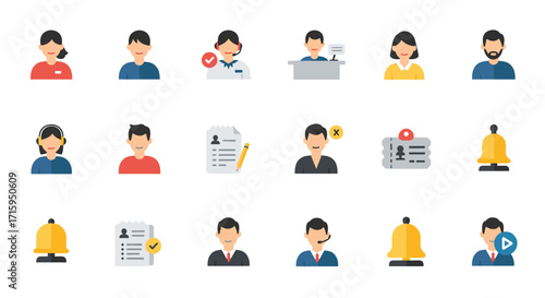 Customer service avatar set with office icons and communication symbols