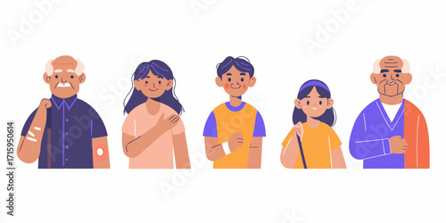 Diverse group of people of different ages and genders showing signs of injury and illness