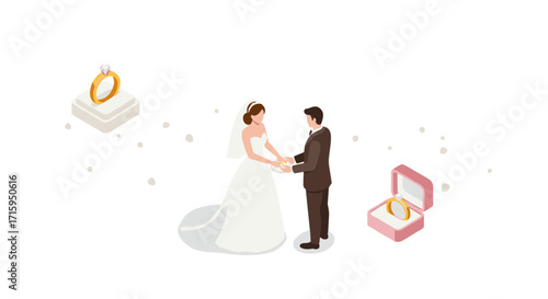 Elegant wedding ceremony with bride and groom exchanging rings in isometric style