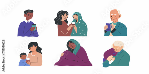 Diverse people sharing warm drinks and comfort in various relationships and ages