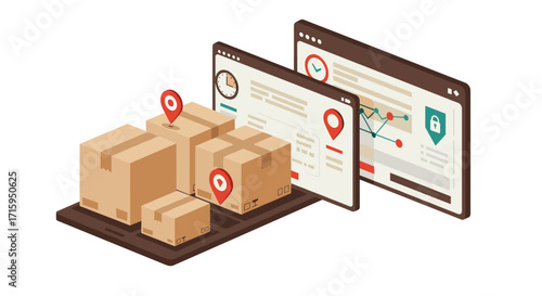 Isometric delivery and logistics concept with packages and online tracking