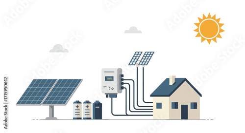 Renewable energy concept with solar panels and home power system in flat design