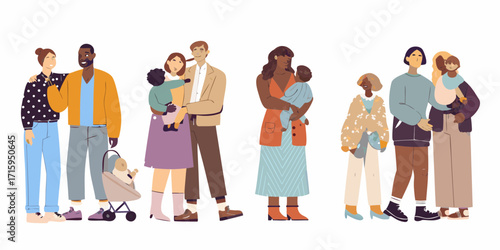 Diverse group of families and couples with babies and toddlers standing together in a row