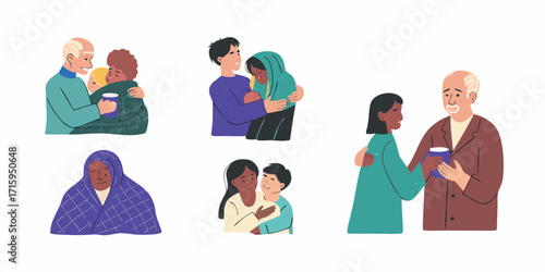 Diverse people offering comfort and support through hugs and shared drinks in various relationships