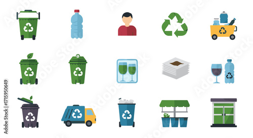 Eco-friendly waste management and recycling icons set