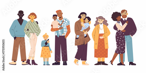 Diverse group of families and couples standing together with children on a white background