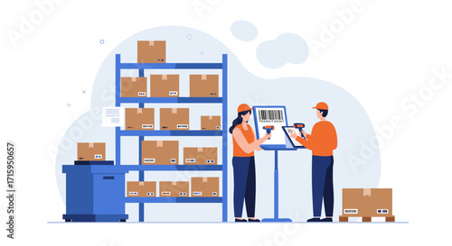 Warehouse team scanning barcodes for inventory management in flat design