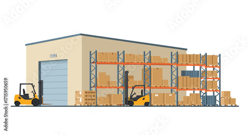 Modern warehouse facility with forklifts and shelving units in flat design