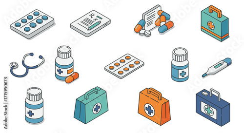 Isometric medical icons set featuring pills, thermometer, and stethoscope