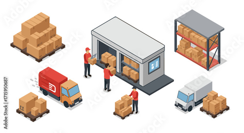 Isometric warehouse logistics and delivery concept with workers and trucks