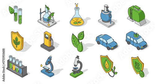 Isometric ecology icons: renewable energy, recycling, sustainability, and nature