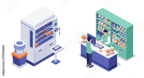 Isometric pharmacy scene with medicine cabinet and vending machine